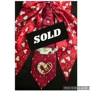 Red Heart Necktie Necklace with Pearl Brooch